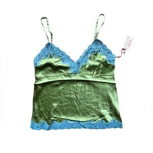 Gold Hawk Green Silk Lace Camisole Blue Trim Size M